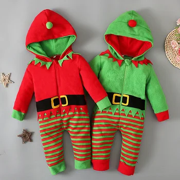 Prowow 0-18M Yenidoğan Noel Romper Erkek Kız Yeşil Çizgili Kapşonlu Santa Tulum Yeni Yıl Kostüm Bebek Festivali Giyim