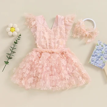 Yaz Bebek Kız Tulum Elbise Ruffles Romper 3D Çiçek Kolsuz Kayış Yenidoğan Bebek Tulum Kafa Bandı Giysileri