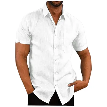Erkek Yaka Yaka Gömlek İlkbahar Yaz Casual Tops Katı Renk Pamuk Gevşek Bluz Kısa Kollu erkek Gömlek Camisas