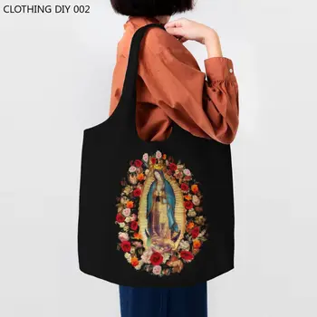 Our Lady Of Guadalupe Meksika Mary Bakkal Tote Alışveriş Çantaları Meksika Katolik Aziz Tuval Alışveriş omuzdan askili çanta Kapasiteli Çanta
