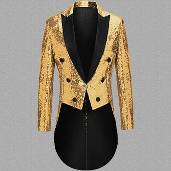 Erkek Parlak Altın Pullu Glitter Tailcoat Takım Elbise Ceket Kruvaze Yaka Parlak Blazers Gece Kulübü Balo Sahne Kostüm Homme