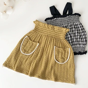 Yaz Bebek Kız Örme Etekler Hollow Out Moda Kız Kazak Etek Sonbahar Katı Kız Maç Elbise Yüksek Çocuk Eaisted Elbise