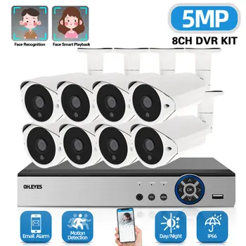 Ev İzleme Kamera Sistemi 5MP 8 Kanal DVR Kiti Açık Su Geçirmez Yüz Algılama CCTV Video Gözetim Kamera Sistemi Seti