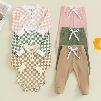 FOCUSNORM 0-24M 2 adet Toddler Bebek Erkek Kız Giysileri Setleri Dama tahtası Ekose Baskı Uzun Kollu Romper + Pantolon Pantolon