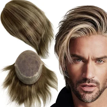 Hint işlenmemiş insan saçı Değiştirme Vurgu Rengi 6# HL #27 Q6 Peruk 8x10 Dantel PU Ünitesi Beyaz Erkekler için