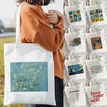 Van Gogh alışveriş çantası Sanat Yağlıboya Grafik Tuval omuzdan askili çanta Sevimli Kadın Harajuku Ulzzang Grunge Tote Alışveriş Çantası