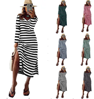 Bayan Şerit Maxi Elbise Uzun Kollu V Boyun Rahat Gevşek yaz elbisesi Kadınlar için Kısa yaz elbisesi es Genç Kızlar için Zil Elbise