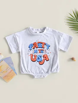 Sevimli Bebek Amerikan Bayrağı Tulum Erkek ve Kız için Vatansever Mektup Baskı s Renkli Ekip Boyun Tulumlar ve