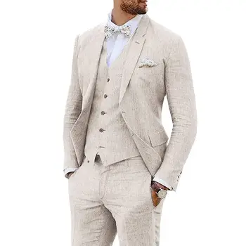 Yüksek Kalite Moda Bej Takım Elbise 3 Adet Çift Düğme Yaka Ceket Erkekler İçin İş Rahat İnce Blazer Parti düğün elbisesi