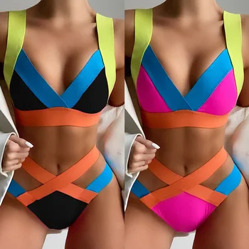 Renkli Bandaj Mayo Kadınlar 2023 Moda Patchwork Üçgen bikini seti Kadın Seksi Streç Hollow Out Yüksek Bel Mayo