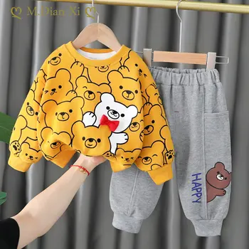 Bebek Erkek giyim setleri 2023 moda Stil Pamuk Karikatür Ayı Uzun Kollu 1 İla 5 Yaşında Çocuk Çocuk Giyim Bebek