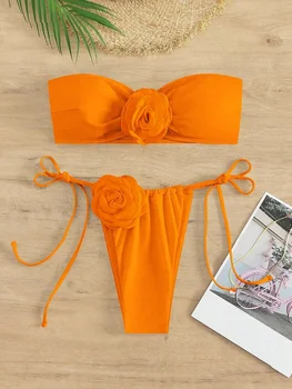 Bikini Mayo Kadınlar 3D Çiçek Tasarımcı Bikini Setleri 2024 Kadınlar Katı Turuncu Bandeau Push Up Plaj Mayo Tanga Mayo