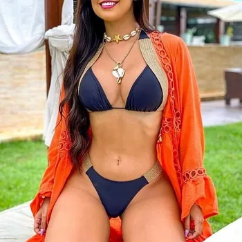 Yeni Bikini Kadınlar İçin Yüksek Kesim Bikini Seksi Asılı Boyun Askısı Mayo Flaş Altın Plaka Kemer Mayo Brezilyalı Beachwear