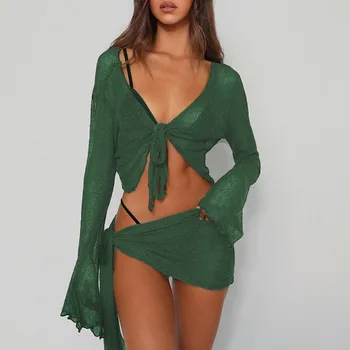 Yaz Yeşil Seksi Plaj Elbise İki Parçalı Setleri Kadın Kıyafetleri 2024 See Through Uzun Kollu Üst ve Mini Etek Eşleşen Setleri