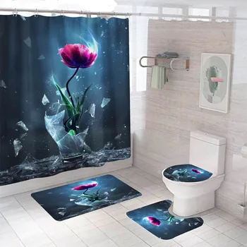 Su geçirmez Banyo Duş Perdesi Çiçek Tuvalet Kapağı Kaymaz Banyo Paspas Halı Halı Seti Polyester Kumaş Yıkanabilir Ev Dekor