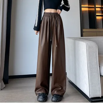 Sonbahar kadın deri pantolon Siyah Rahat Fermuar Klasik Deri Pantolon Geniş Bacak Pantolon Pu Suni deri Pantolon Kadınlar için 2023