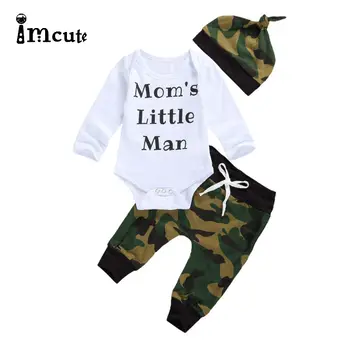 Imcute Kamuflaj 3 ADET Toddler Bebek Erkek Giysileri Uzun Kollu Anne Bodysuit Tops+Uzun Pantolon Şapka ile Ordu Yeşil Erkek Giyim Seti