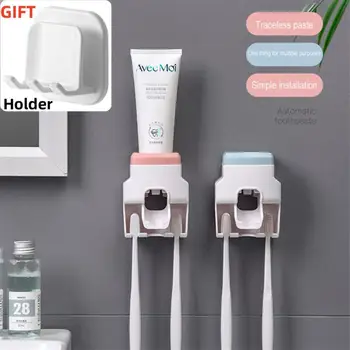 Yaratıcı Duvara Monte Otomatik Diş Macunu Dağıtıcı Ve Küçük Diş Fırçası Tutucu Diş Macunu Sıkacağı Aile Duş Banyo