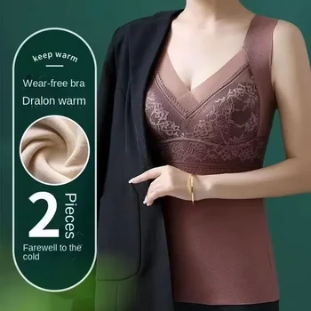 Tutmak Kadife Yelek Kadın Sütyen Seksi Dantel Elbise Üstleri Fincan Iç Çamaşırı V Artı Boyutu Sıcak Kadın Ince Kış Tankı Boyun Termal Yastıklı