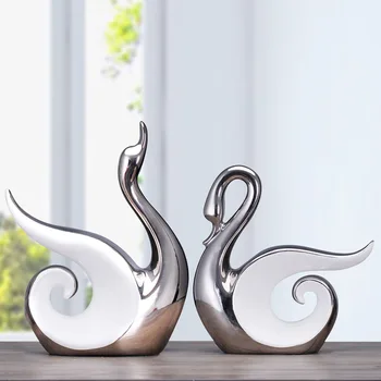 Ince İşçilik Seramik El Sanatları Ev Dekorasyon Zanaat Hediyeler Süsler Galvanizli Çift Kuğular gümüş porselen sanat ve zanaat