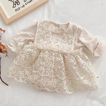 Bebek Bebek Kız Romper Elbise Bahar Sonbahar Dantel Örgü Dikiş Nakış Bodysuit Yenidoğan Pamuk Çocuk Giysileri Kız 0-24M