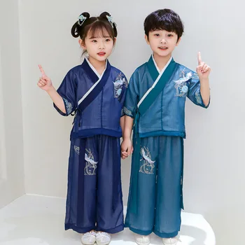 Bahar Tang Takım Elbise Kız Erkek Üst + Pantolon 2 Adet Geleneksel Çin Vinç Nakış Kostümleri Çocuklar için Giysi