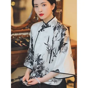 Çin geleneksel giyim kadınlar için vintage kaybetmek qipao gömlek cheongsam üst çiçek baskı büyük kollu bluz retro üst