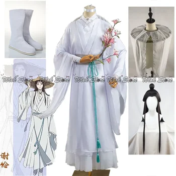 Tian Guan Ci Fu Xie Lian Cosplay Kostüm Peruk Bambu Şapka Prop Beyaz HanFu Kıyafet Cadılar Bayramı Bezi Cennet Resmi erkek Nimet Şapka