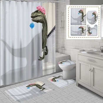 Dinozor Banyo Su Geçirmez Duş perde seti 12 Kanca ile Kaymaz Mat Halı Halı Tuvalet klozet kapağı Yıkanabilir Ev Dekor