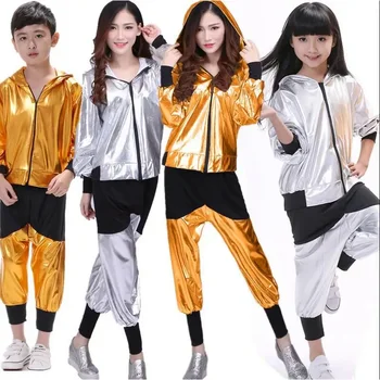 Yeni Kız Erkek Altın Gümüş Balo Salonu Caz Hip Hop Dans Yarışması Kostüm Yetişkin Giysileri Hoodie Gömlek Üst Pantolon Dans Giyim