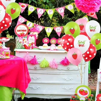 Çilek-berry doğum günü partisi tek kullanımlık çatal tabaklar bardaklar peçeteler balonlar Süslemeleri parti malzemeleri