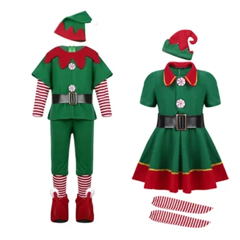 Aile Noel Noel Baba Kostüm Kız Erkek Yeşil Elf Cosplay Yeni Yıl Fantezi Kıyafet Noel Kostüm Çocuk Yetişkin için
