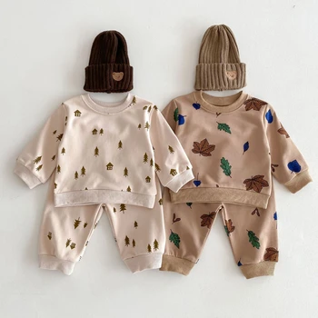 8371 Kore Bebek giyim seti 2024 Bahar Yeni Moda Erkek Bebek Takım Elbise Kazak + Pantolon Spor Eğlence Kız İki parçalı Takım Elbise