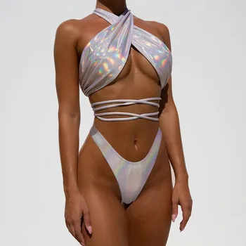 Seksi Çapraz Kayış Bikini Push Up Yüksek Bel Mayo Kadınlar 2024 Yaz Beachwear İki Adet Bikini Seti Tankini Mayolar