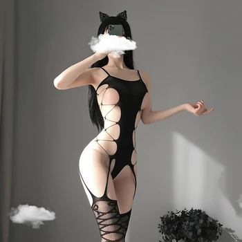Seksi Fishnet Yay Bodysuit Hollow Out Popo Erotik İç Çamaşırı Açık Göğüs Streç Örgü vücut çorabı Köpek Kostümleri Kadınlar İçin 2023
