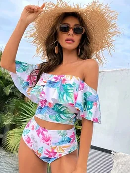 İki Adet Kadınlar Çiçek 2023 Push-Up Ruffles Bandaj bikini seti Mayo Yüksek Belli Mayo Mayo Beachwear Biquini