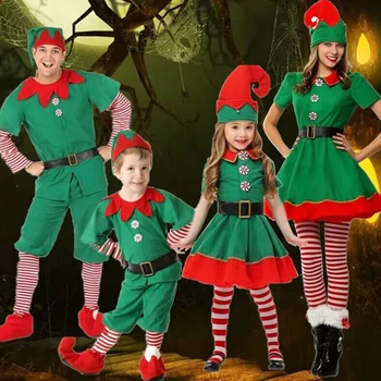 2024 Noel Elf Kostüm Kızlar Noel Noel Baba Yeşil Elf Elbise Çocuklar Yetişkinler İçin Aile Eşleştirme Kıyafetler Cosplay Giyim