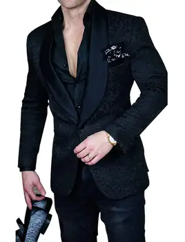 Erkek Blazer Takım Elbise Blazer Jakarlı Şal Yaka Kostüm Özel Fit Ceket