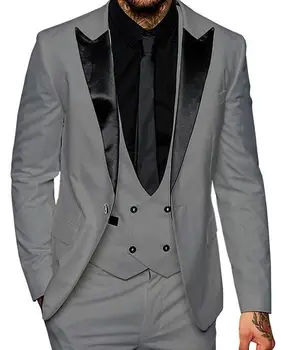 Yakışıklı Klasik Gri Erkek Takım Elbise Slim Fit Bir Düğme Damat Smokin Groomsmen Erkek Takım Elbise Tepe Yaka Blazer Erkek (Ceket + Pantolon + Yelek)