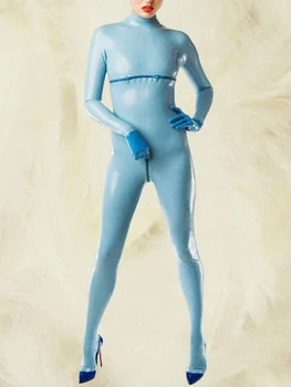 Yeni Lateks 100 % Kauçuk Catsuit mavi bodysuit fermuar trim İçerir eldiven, çorap Boyutu XS-XXL 0.4 mm