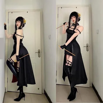 Anime Casus X Aile Yor Forger Cosplay Peruk Elbise Takım Elbise Assassin Gotik Siyah Kırmızı Etek Kıyafet Üniforma Yor Briar Küpe Uzun Saç