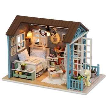 Ahşap Dollhouse Minyatür Öğeler Aksesuarları ve Mobilya, led ışık, tozluk ve Müzik, doğum günü hediyesi