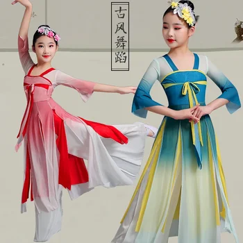 Çin kostüm hanfu yeni çocuk klasik sahne kostümleri şemsiye dans etnik kızlar Yangko giyim fan dans