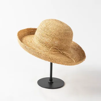 Eğlence kordon el yapımı tığ işi kubbeli kıvırcık raffi hasır şapka açık güneşlik şapka kadın