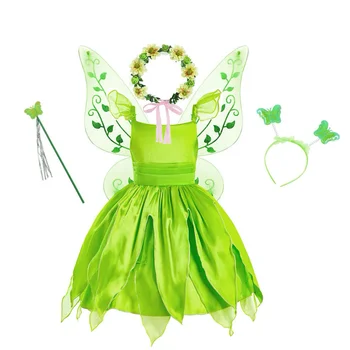 Cadılar bayramı Cosplay Prenses Bebek Kız Parti Yeşil Çiçek Peri Tinker Bell Elbise Elf Kostüm Kelebek Kanatları Setleri 2-10Y
