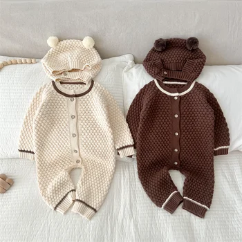 Ilkbahar Sonbahar Yenidoğan Bebek Ayı Romper Örgü Şerit Sevimli Yumuşak Bebek Tulum Şapka Seti Kız Erkek Uzun Kollu Düğmeler Pijama