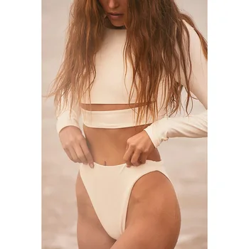 Mayo Kadınlar 2023 Yüksek Bel Bikini Kırpma Üst Katı Mayo Beachwear Brezilyalı 2 Parça Bikini Seti Biquini Uzun Kollu