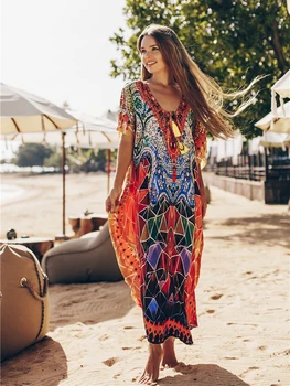 Fitshinling Bohemian Baskı plaj Pareo Vintage Turuncu Kapak-up Kıyafetler kadın kıyafetleri Moda Seksi uzun elbise Yaz Yeni