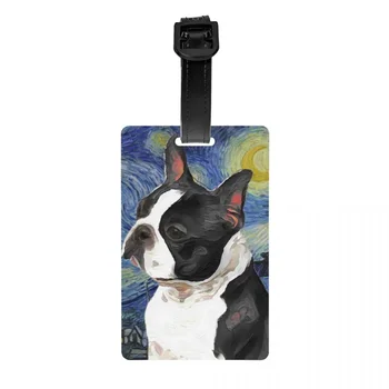 Boston Terrier Sanat Van Gogh Yıldızlı Gece Bagaj Etiketi Seyahat Bavul Yavru Köpek Sanat Hayvan Gizlilik Kapak KİMLİK Etiketi