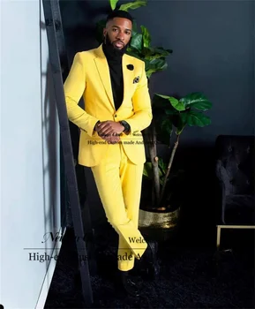 Moda Sarı Erkek Takım Elbise Çentikli Yaka Damat Düğün Smokin 2 Parça Setleri Iş Erkek Balo Blazers Slim Fit Terno Masculino